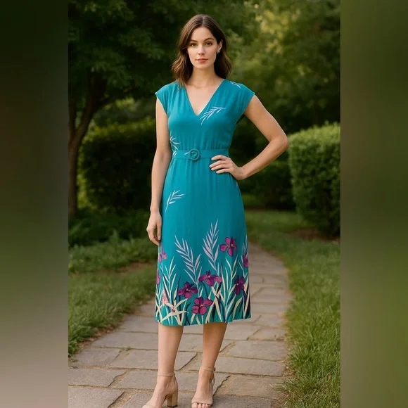Vintage Turquoise Bird Iris Strapy Back Sheath Midi Dress Cap Sleeve Size Small - Picture 3 of 13